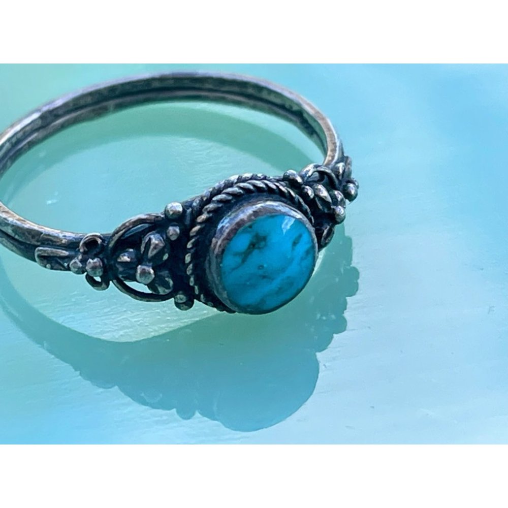 Vintage Southwest Blue Turquoise Ring With Flowers Sz 7 3/4 - Picture 5 of 10